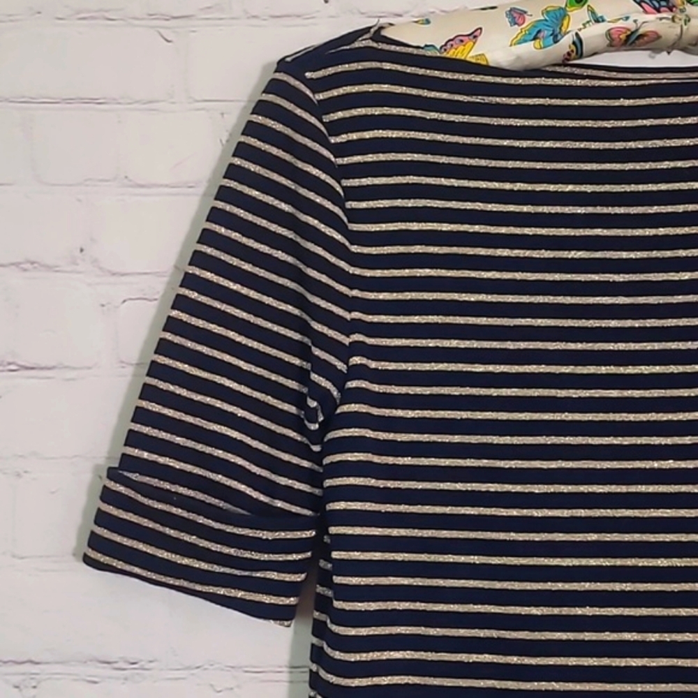 Ralph Lauren Green Tag Navy Blue & Gold Striped Quarter Sleeve Top Womens Size S - Picture 5 of 12